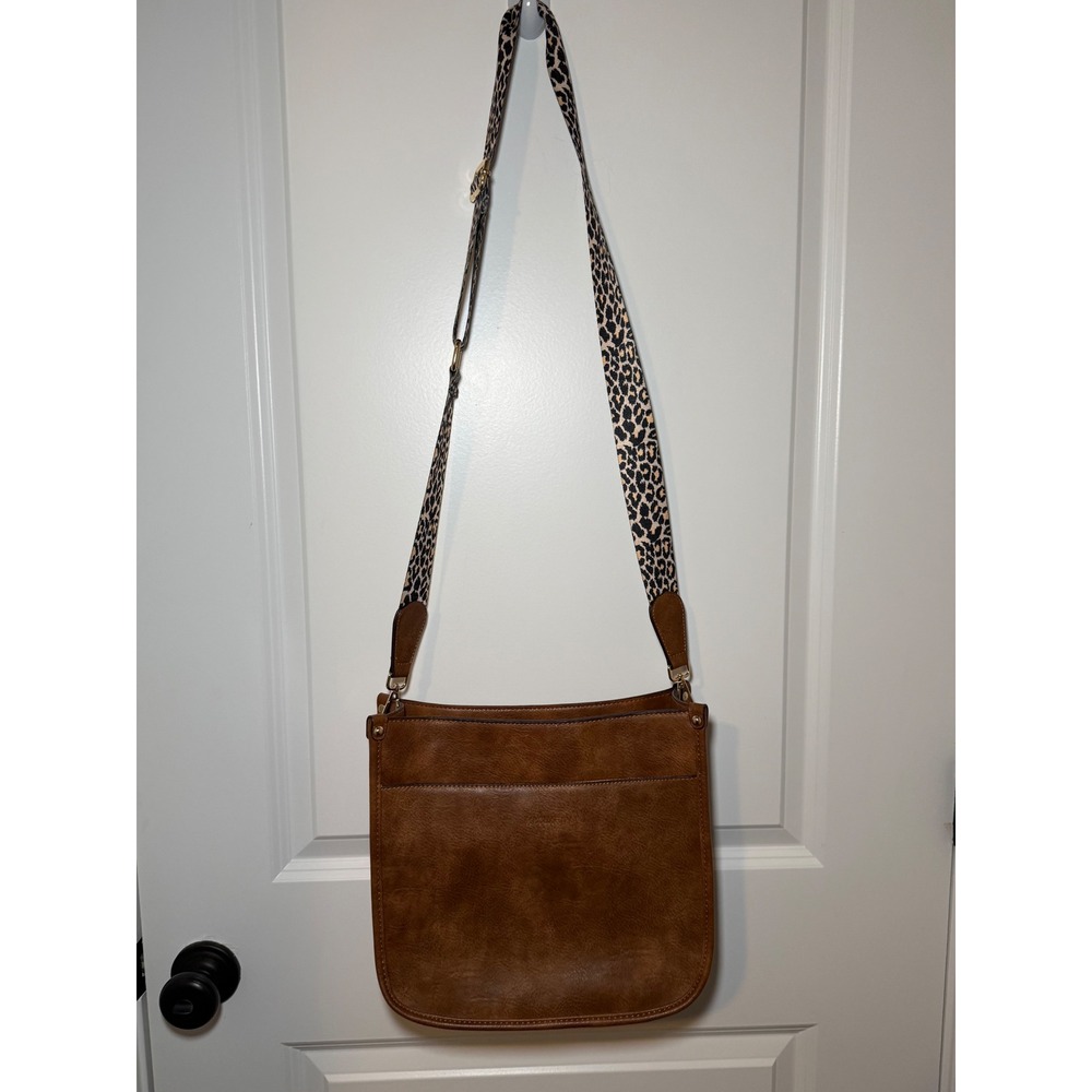 HKCLUF Brown Vegan Leather Crossbody Bag Leopard Print Guitar Strap Messenger